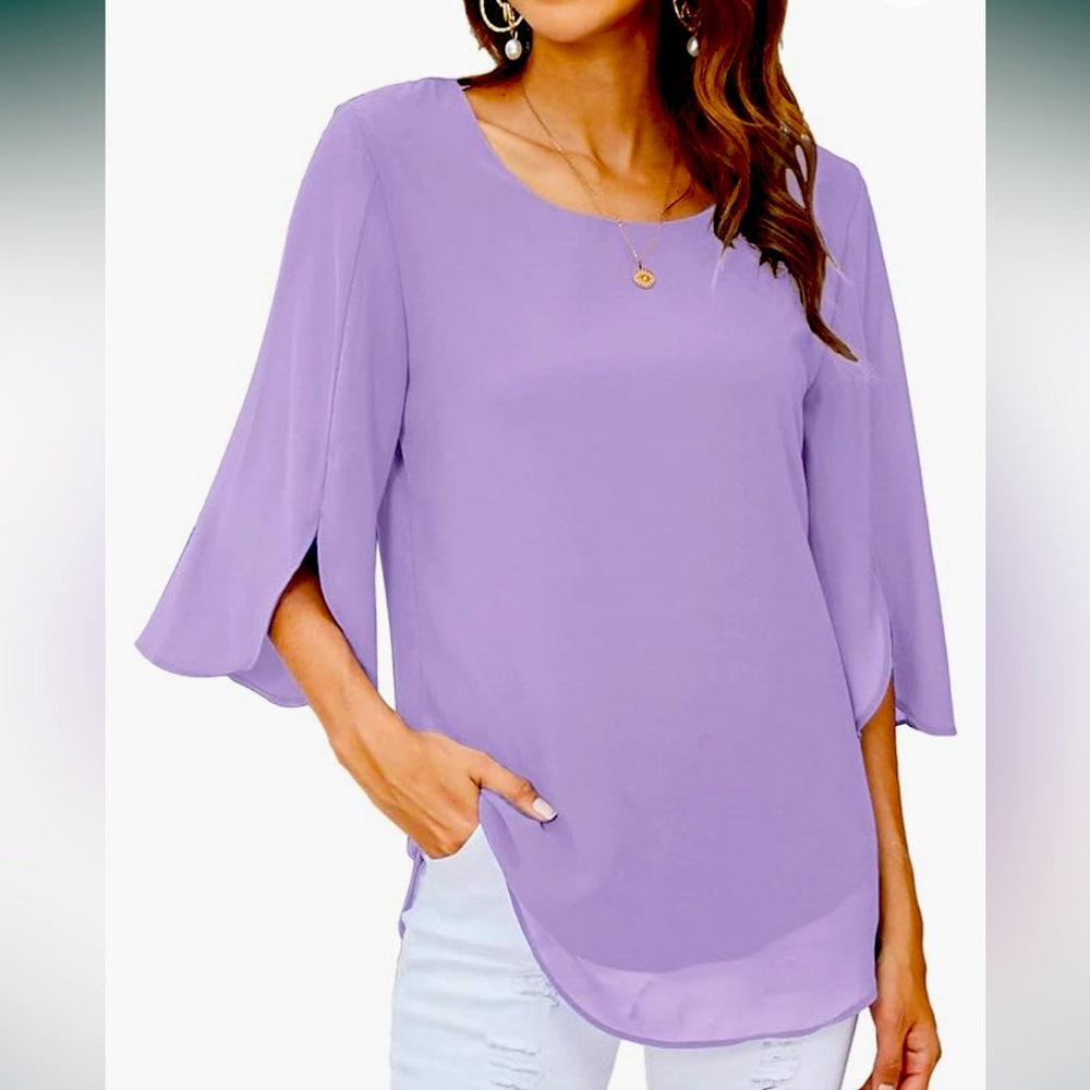 New ACEVOG Womens Casual Scoop Neck Loose Top 3/4 Sleeve Chiffon Blouse Shirt - Picture 1 of 12
